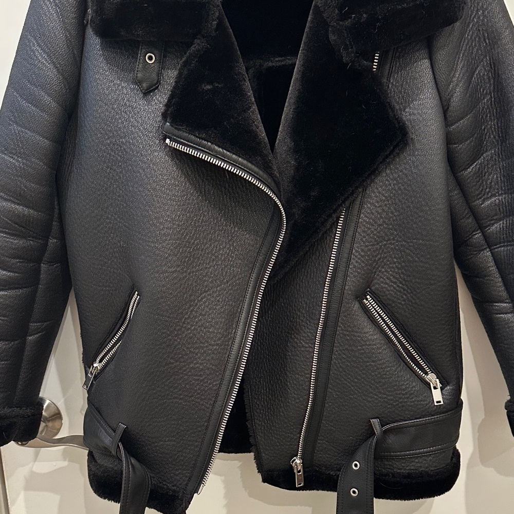 Zara Black Faux Leather Jacket with Fur Trim - Picture 3 of 5